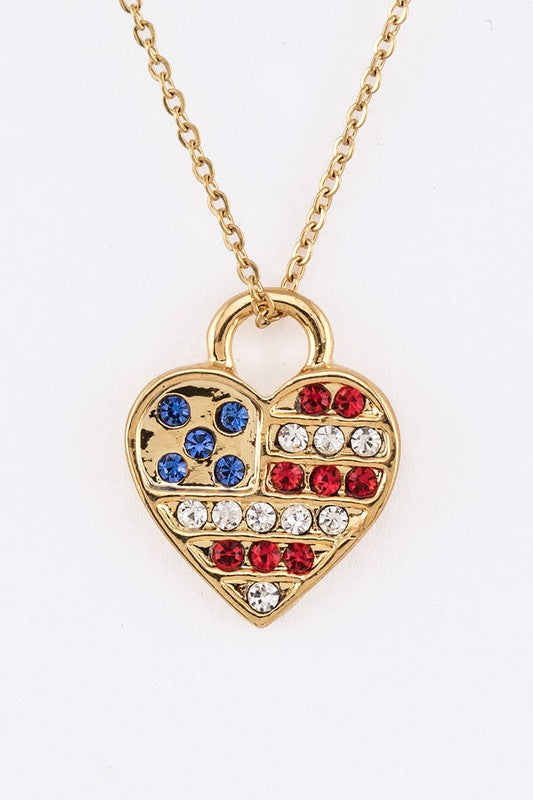 American Flag Crystal Heart Pendant Necklace