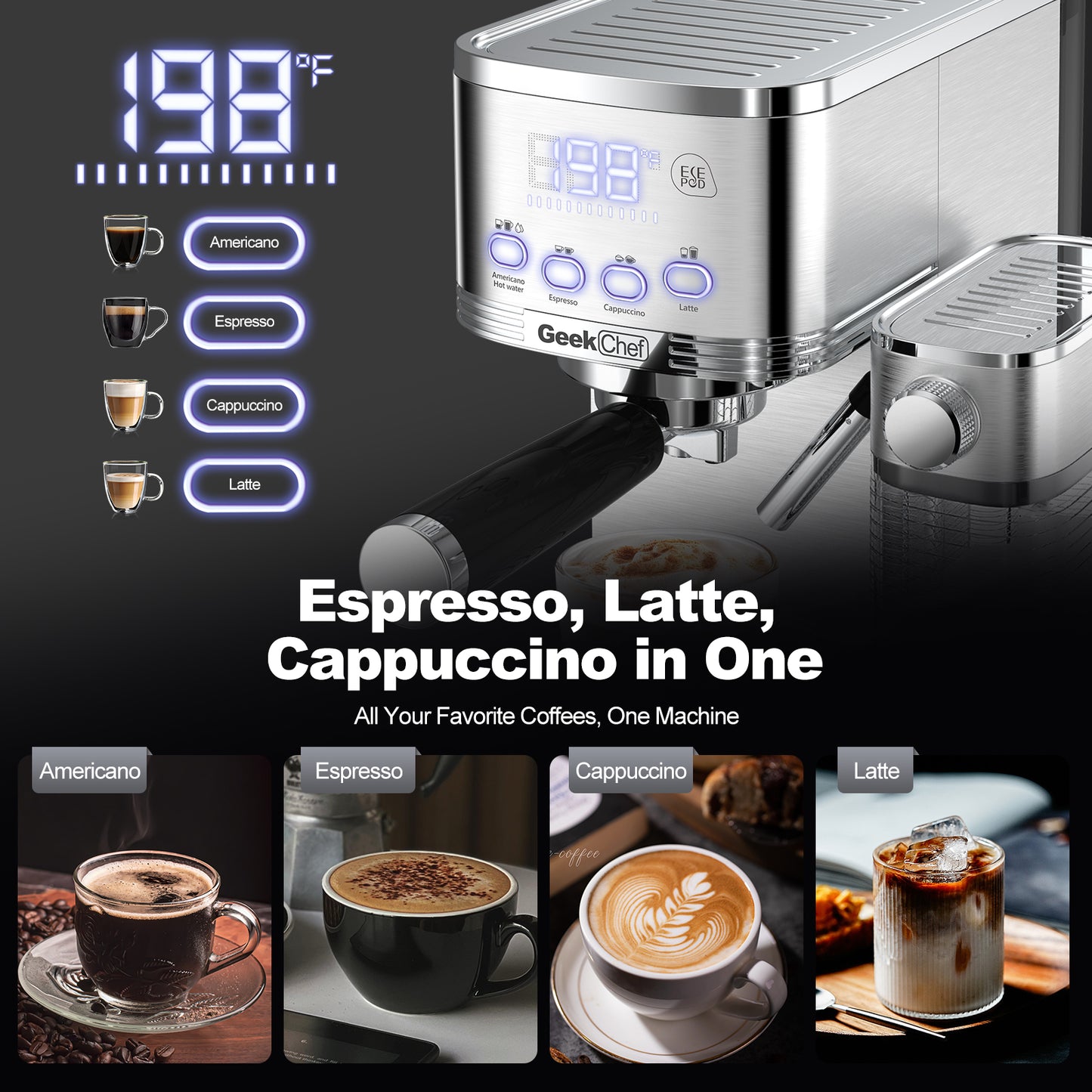 Geek Chef Espresso And Cappuccino Machine With Automatic Milk Frother