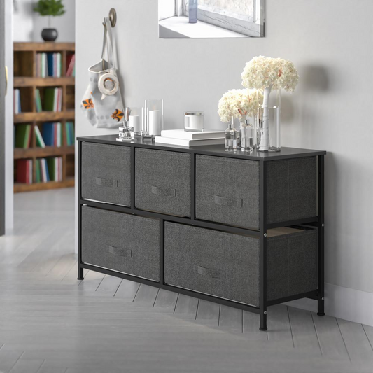 5 Drawer Wood Top Black Cast Iron Frame Vertical Storage Dresser with Dark Gray Easy Pull Fabric Drawers