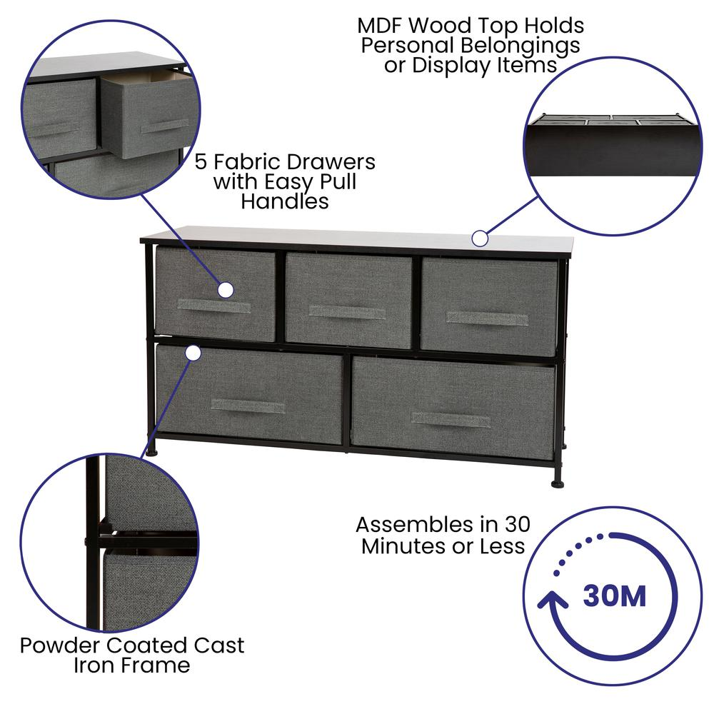 5 Drawer Wood Top Black Cast Iron Frame Vertical Storage Dresser with Dark Gray Easy Pull Fabric Drawers