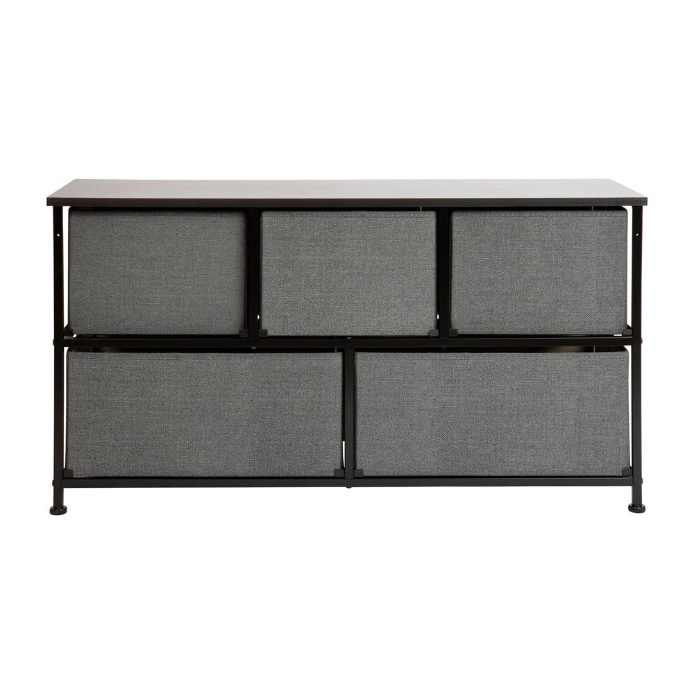 5 Drawer Wood Top Black Cast Iron Frame Vertical Storage Dresser with Dark Gray Easy Pull Fabric Drawers