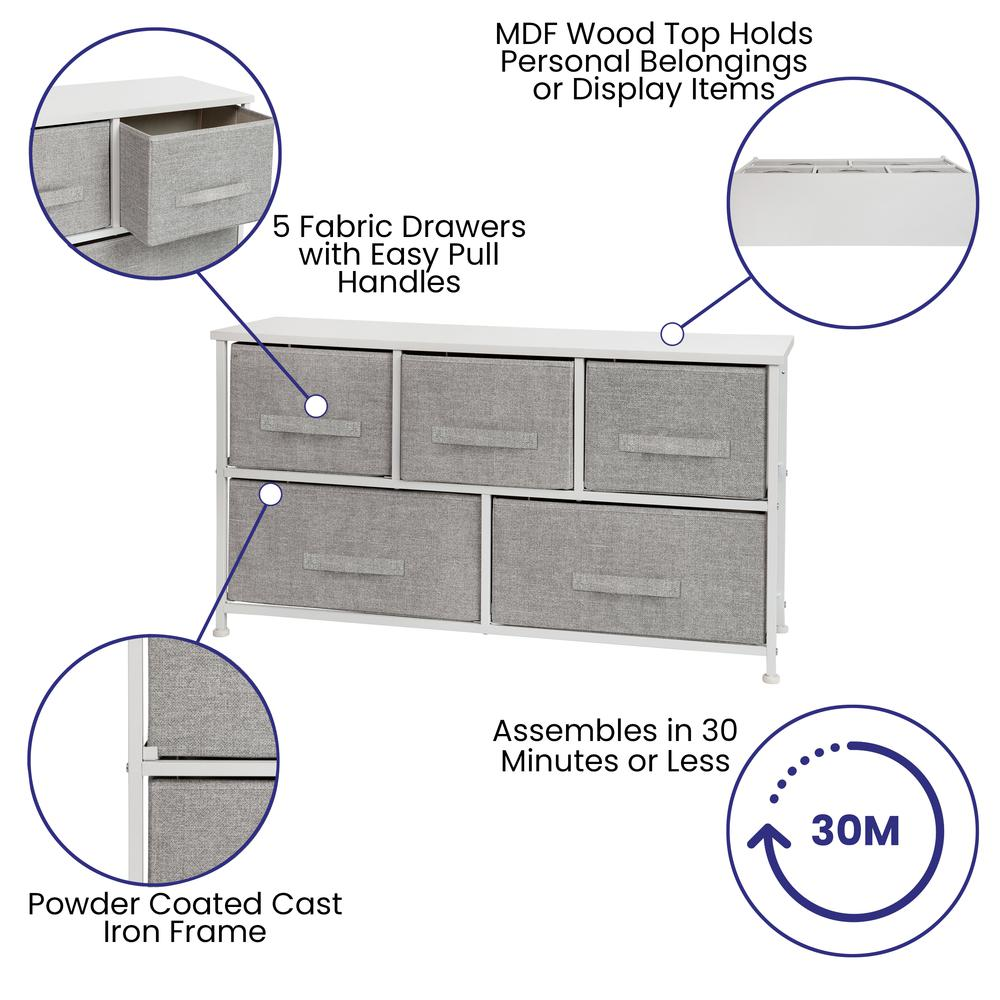 5 Drawer Wood Top White Cast Iron Frame Vertical Storage Dresser with Light Gray Easy Pull Fabric Drawers