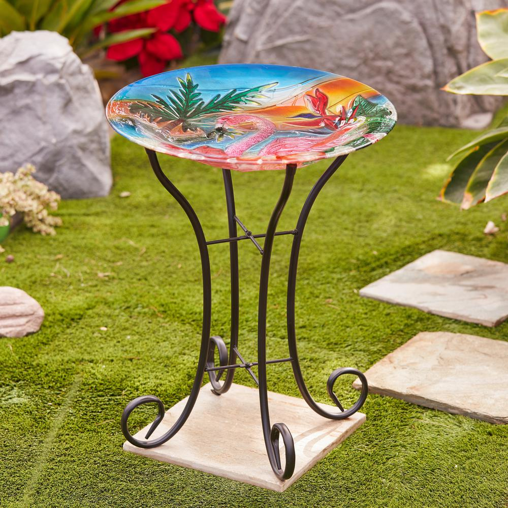 LuxenHome Flamingo Glass Bird Bath with Metal Stand