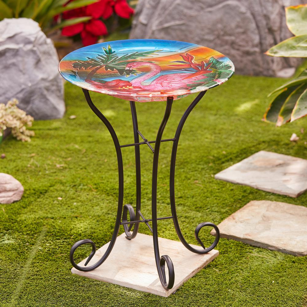 LuxenHome Flamingo Glass Bird Bath with Metal Stand