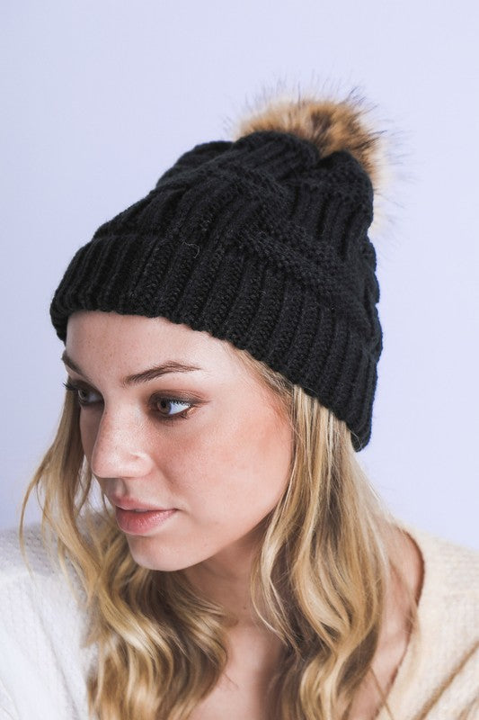 BRAIDED KNITTED FUR POM POM BEANIE