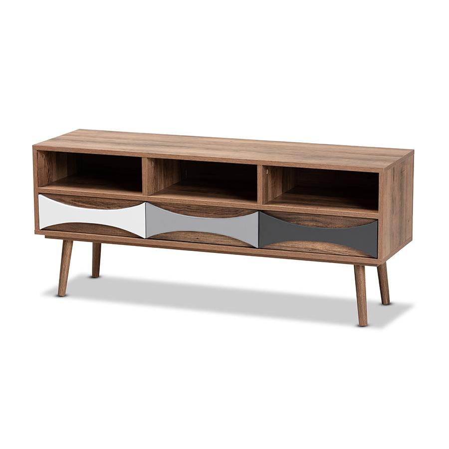 Natural Brown Finished and Multi-Colored Wood 3-Drawer TV Stand