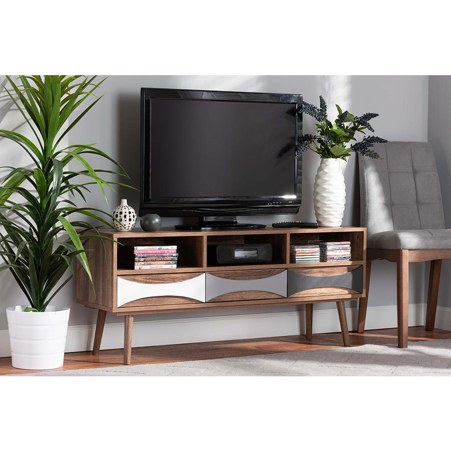 Natural Brown Finished and Multi-Colored Wood 3-Drawer TV Stand