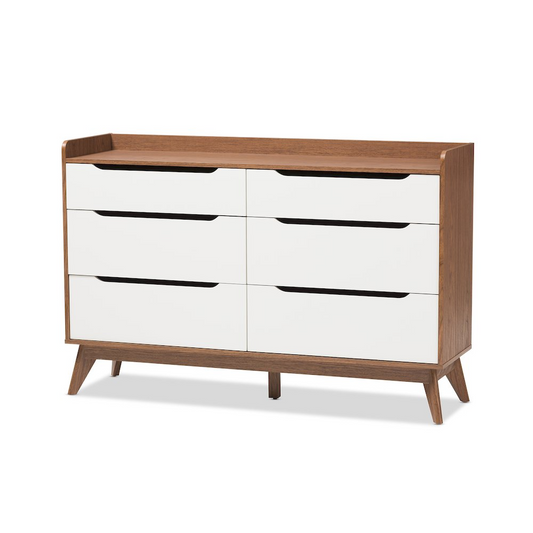 Brighton Mid-Century Modern White and Walnut Wood 6-Drawer Storage Dresser