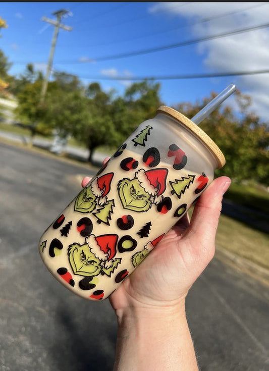 Grinch Christmas Leopard Glass Can Cup