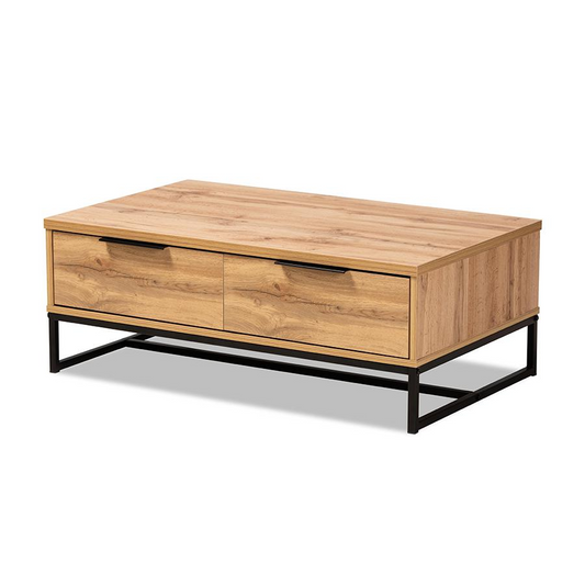 Oak Brown Finished Wood and Black Finished Metal 2-Drawer Coffee Table