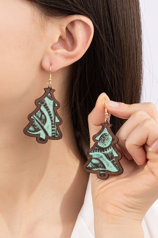 wood Christmas tree earrings with leather inlay