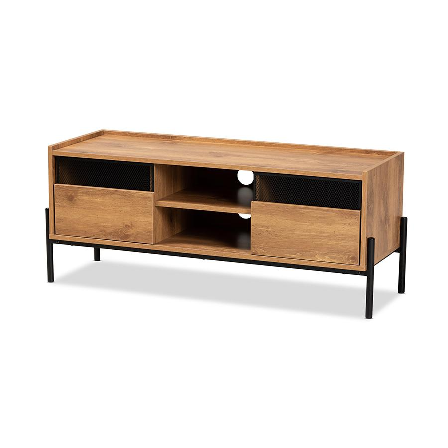 Industrial Natural Brown Finished Wood and Black Metal 2-Door TV Stand