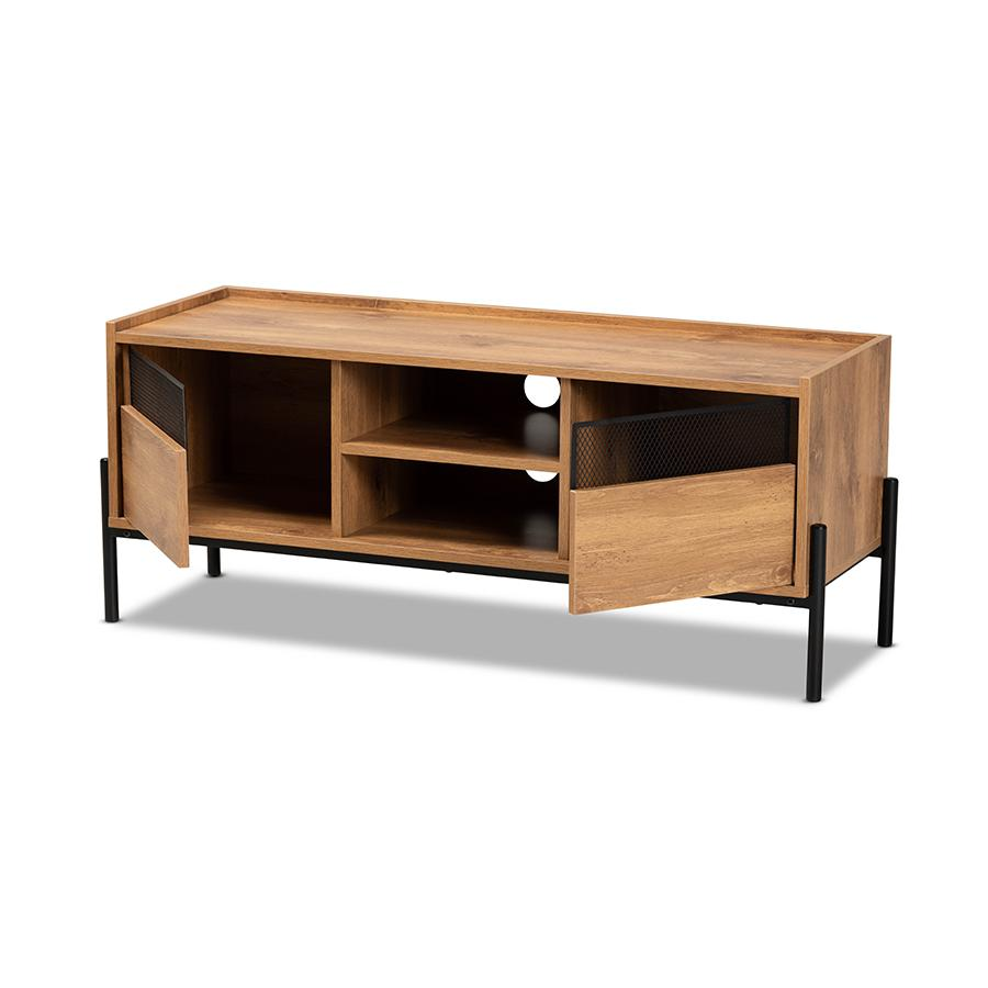 Industrial Natural Brown Finished Wood and Black Metal 2-Door TV Stand