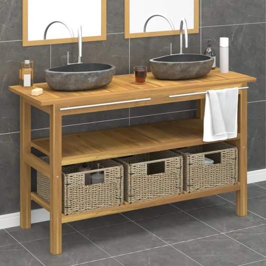 Bathroom Vanity Cabinet with River Stone Sinks Solid Wood Teak