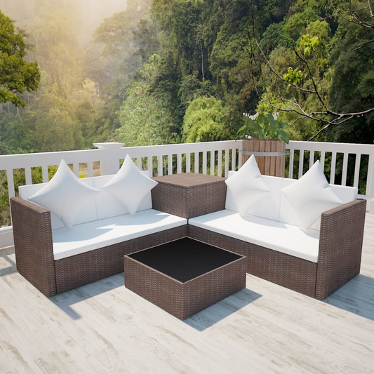 4 Piece Patio Lounge Set with Cushions Poly Rattan Brown