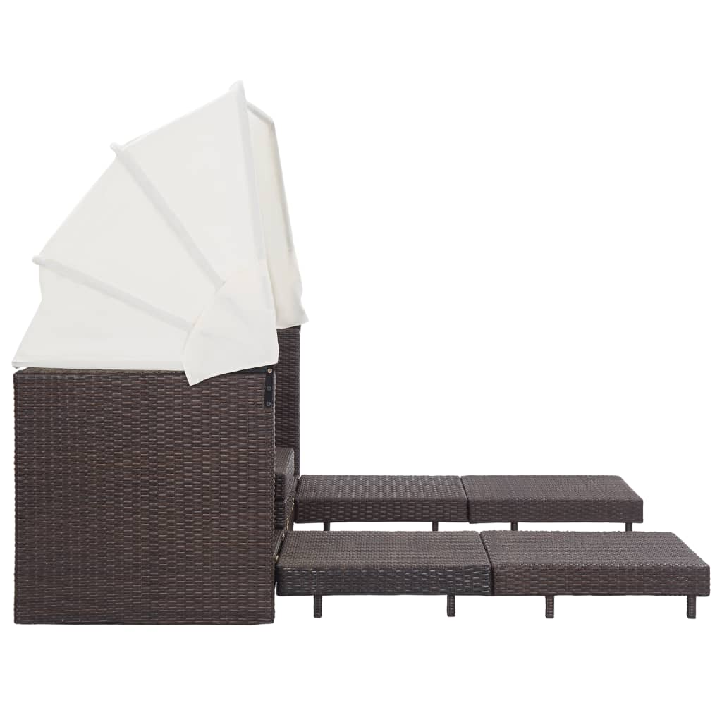 vidaXL Extendable 3-Seater Sofa Bed with Roof Poly Rattan Brown