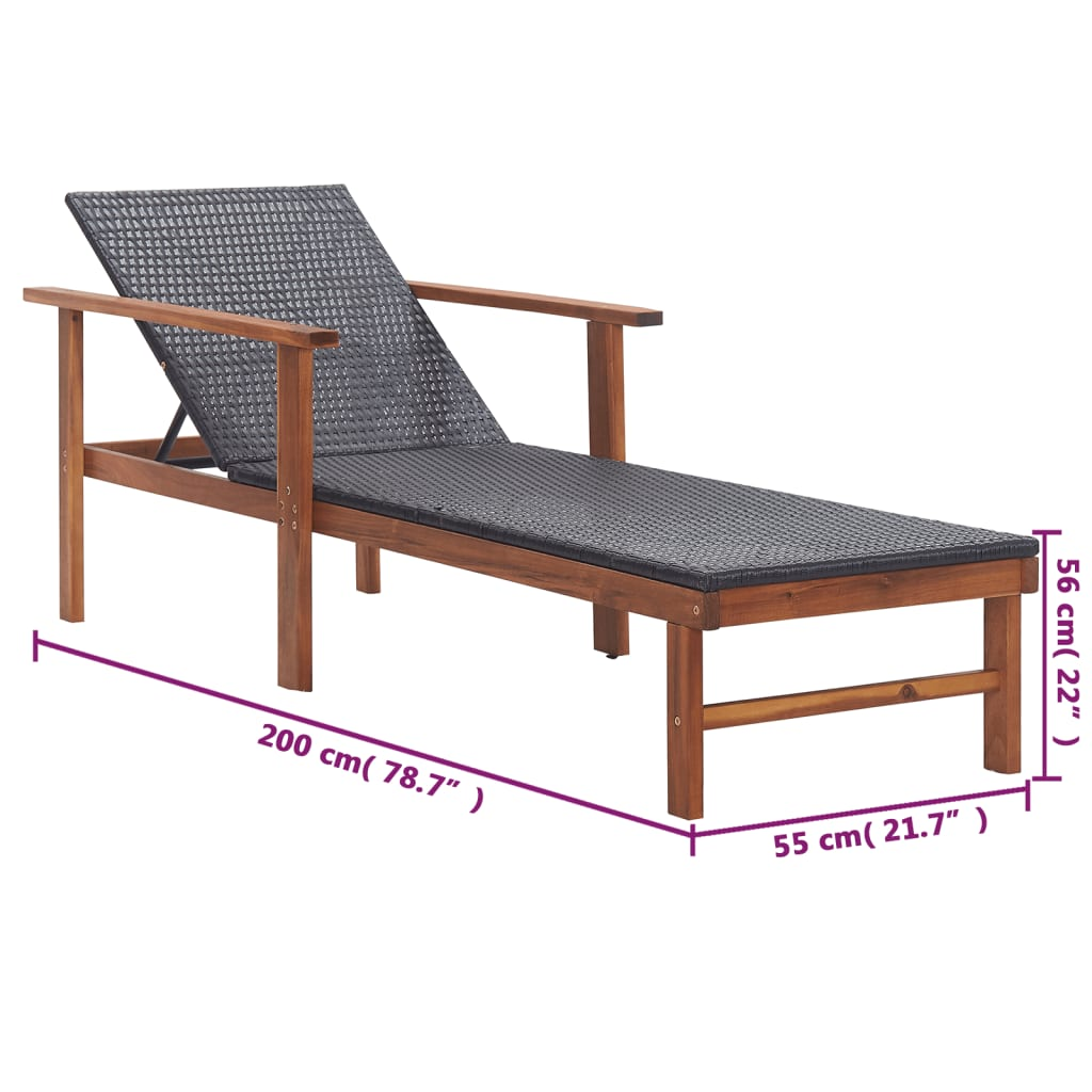 vidaXL Sun Lounger Poly Rattan and Solid Acacia Wood Black