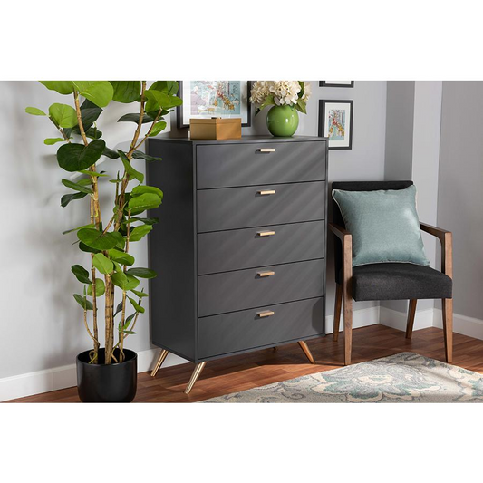 Kelson Modern and Contemporary Dark Grey and Gold Finished Wood 5-Drawer Chest