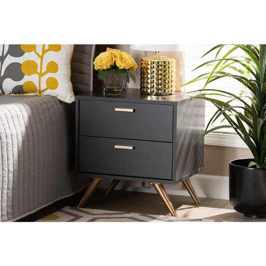 Dark Grey and Gold Finished Wood 2-Drawer Nightstand