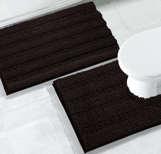 2PC Coffee Soft Cozy Plush Chenille Bath Mat Set