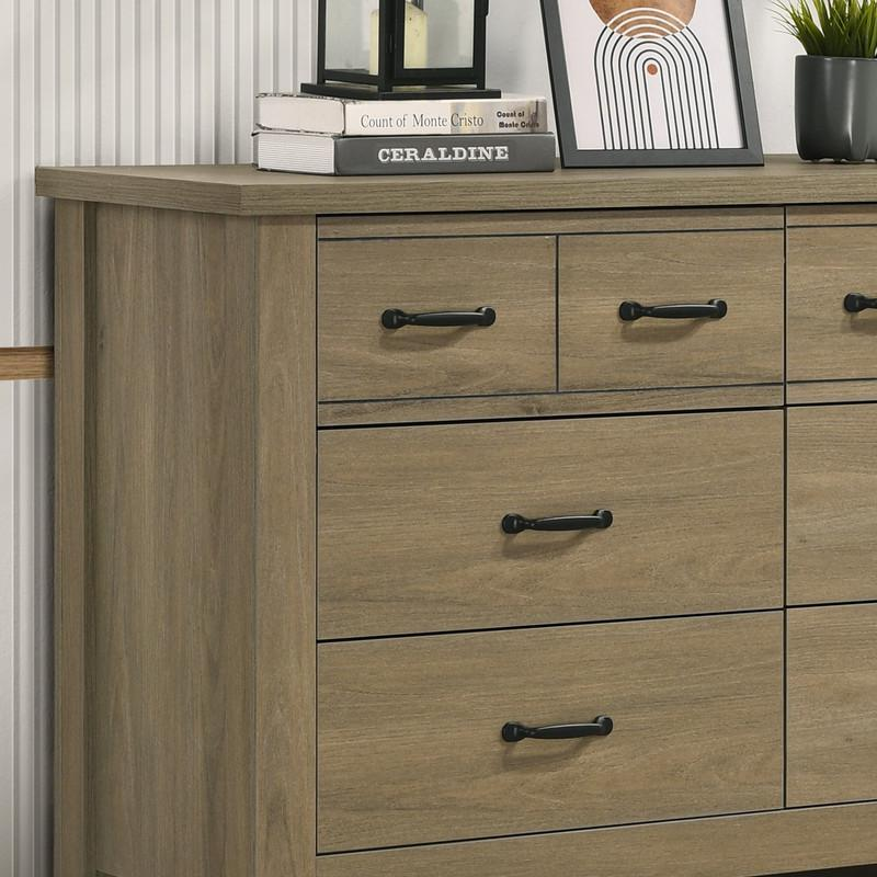 Finn Coffee Gray Oak Finish Dresser with 6 Drawers and Black Handles