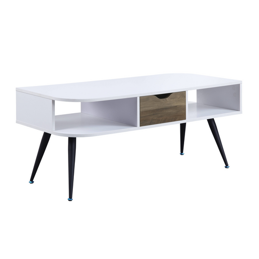 "44"" Black And White Melamine Veneer And Metal Rectangular Coffee Table With Drawer And Shelf"