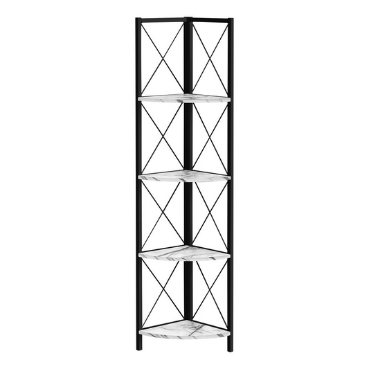 BOOKCASE - 60"H / WHITE MARBLE / BLACK METAL CORNER