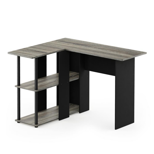 Abbott L-Shape Desk with Bookshelf, French Oak Grey/Black