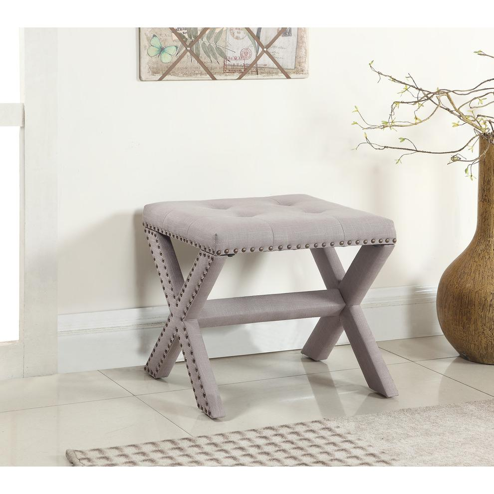 Fabric Upholstered Square Accent Bench in Neutral Gray/Nail Heads