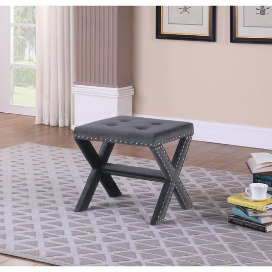 Velvet Fabric Upholstered Square Accent Bench in Gray