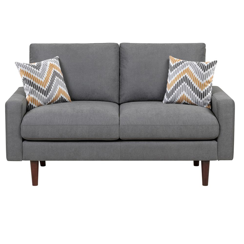 Abella Mid-Century Modern Dark Gray Woven Fabric Loveseat Couch with USB Charging Ports & Pillows