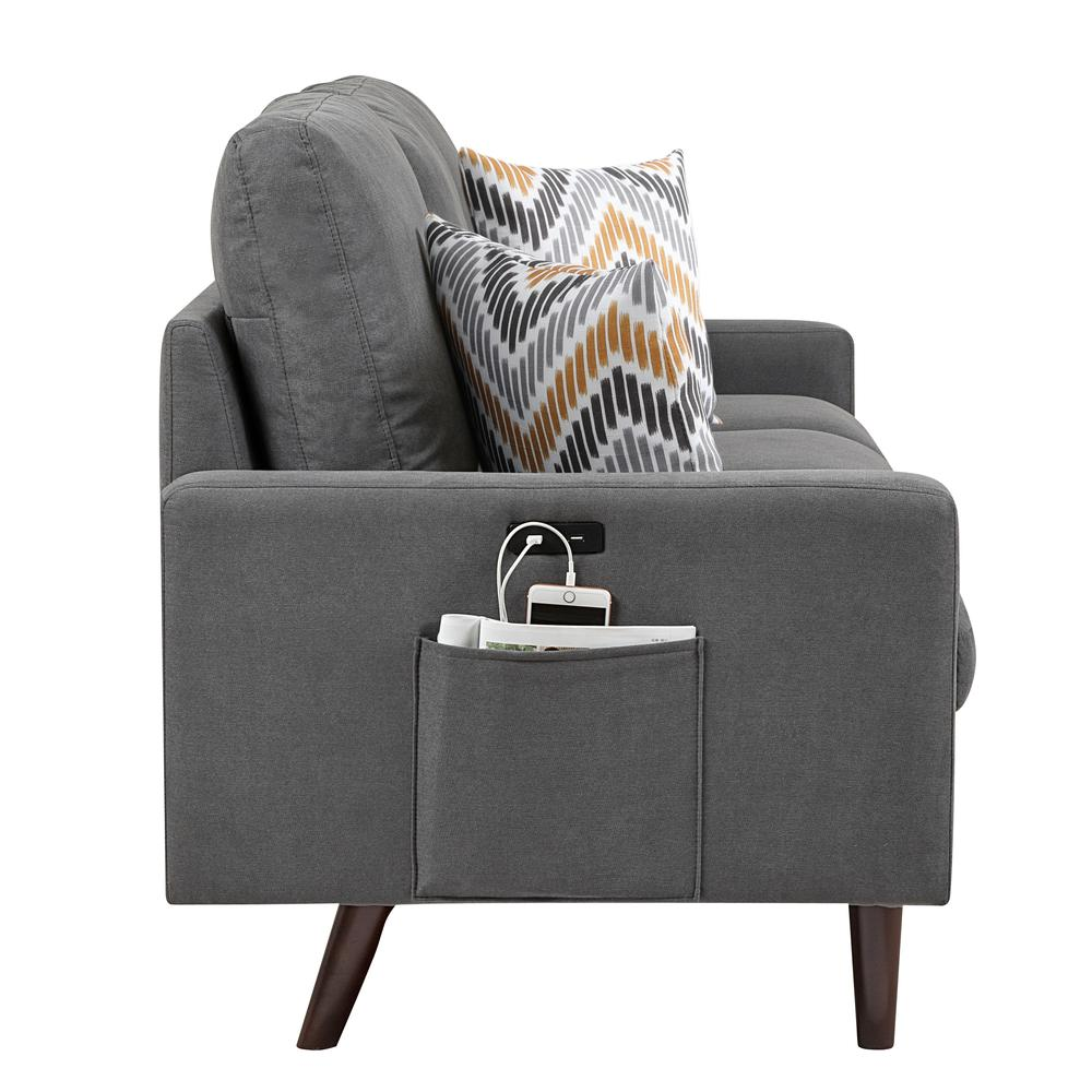 Abella Mid-Century Modern Dark Gray Woven Fabric Loveseat Couch with USB Charging Ports & Pillows