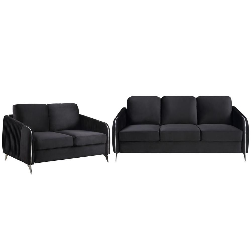 Hathaway Black Velvet Fabric Sofa Loveseat Living Room Set