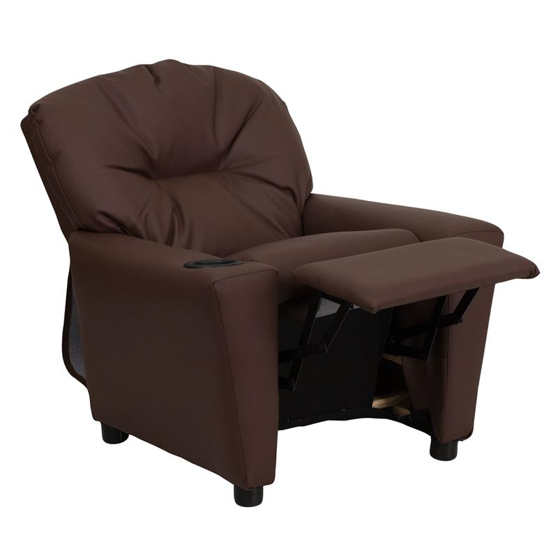 Contemporary Brown LeatherSoft Kids Recliner with Cup Holder