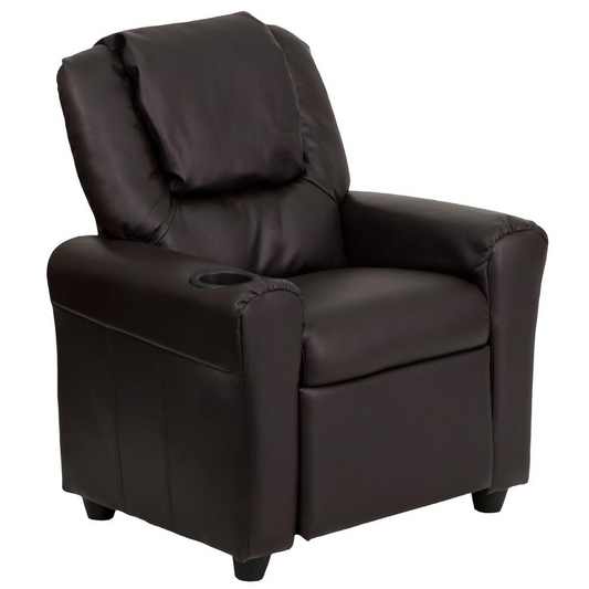 Contemporary Brown LeatherSoft Kids Recliner with Cup Holder and Headrest