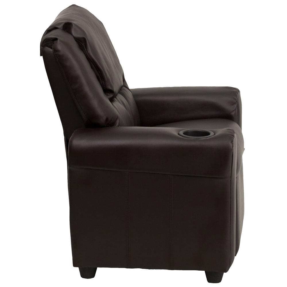 Contemporary Brown LeatherSoft Kids Recliner with Cup Holder and Headrest