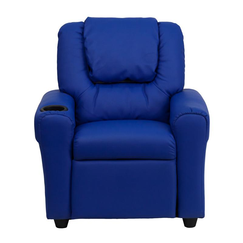 Contemporary Blue Vinyl Kids Recliner with Cup Holder and Headrest