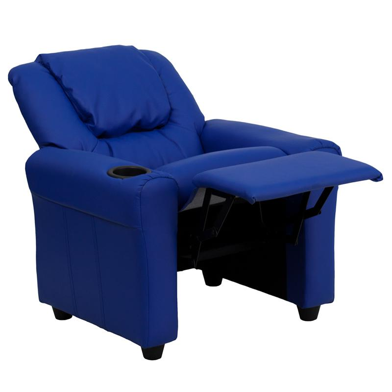 Contemporary Blue Vinyl Kids Recliner with Cup Holder and Headrest