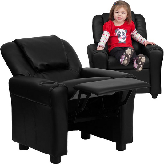 Contemporary Black LeatherSoft Kids Recliner with Cup Holder and Headrest