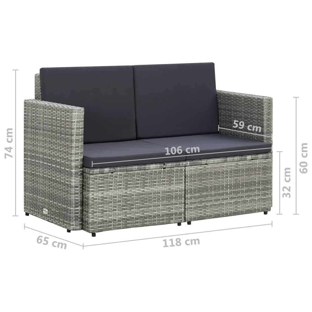 vidaXL 2 Seater Patio Sofa with Cushions Gray Poly Rattan