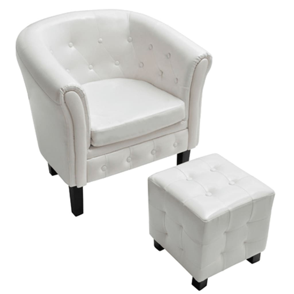 Tub Chair with Footstool White Faux Leather