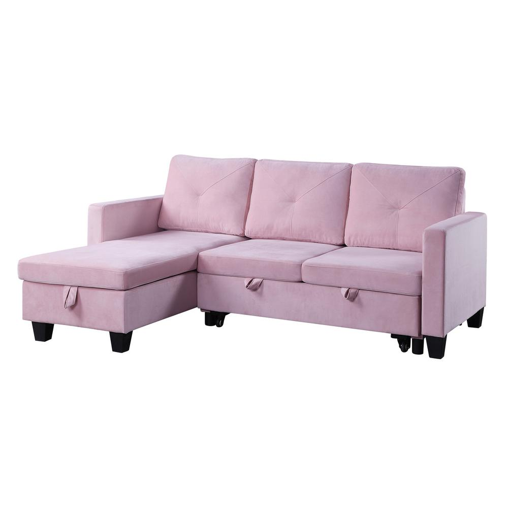 Nova Pink Velvet Reversible Sleeper Sectional Sofa with Storage Chaise