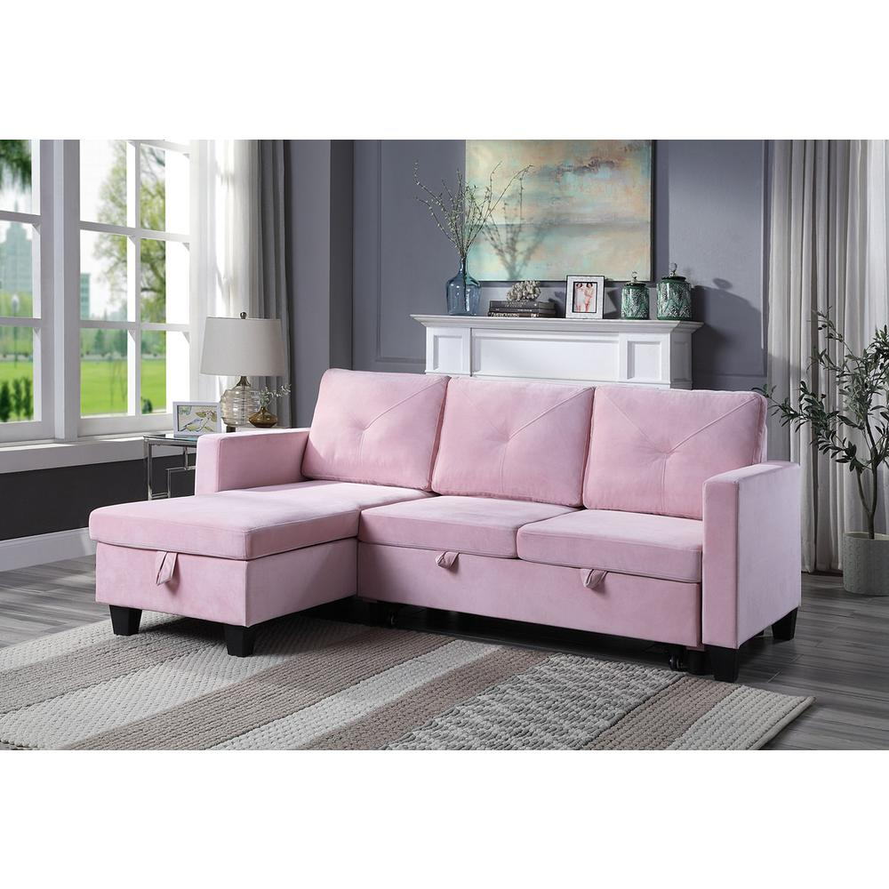 Nova Pink Velvet Reversible Sleeper Sectional Sofa with Storage Chaise