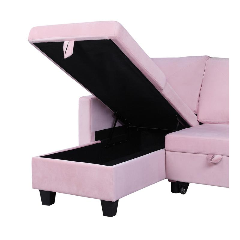 Nova Pink Velvet Reversible Sleeper Sectional Sofa with Storage Chaise