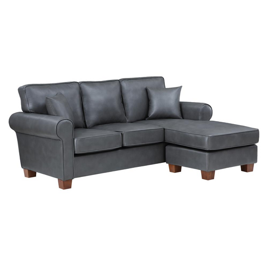 Rylee Rolled Arm Sectional in Pewter Faux Leather with Pillows and Coffee Legs