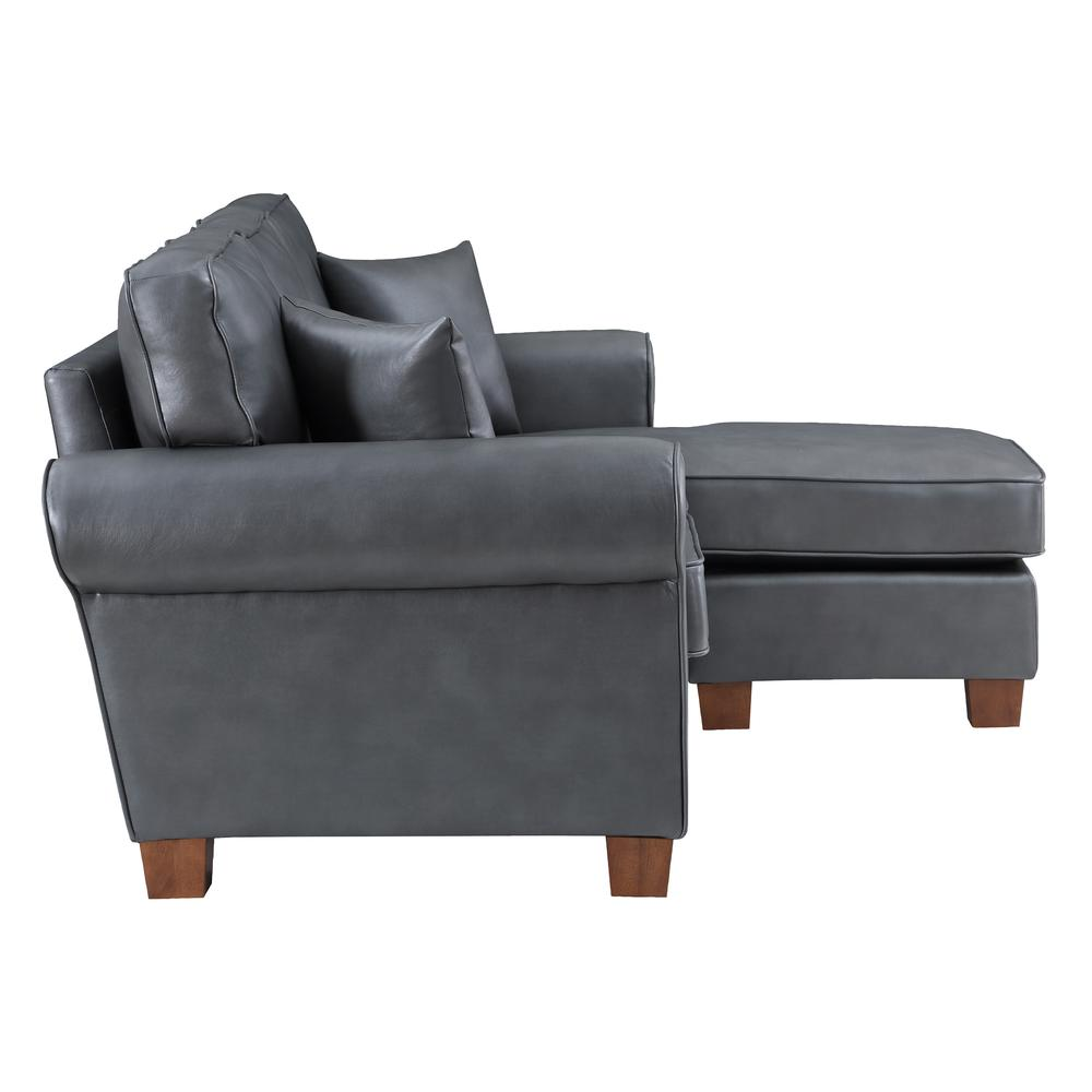 Rylee Rolled Arm Sectional in Pewter Faux Leather with Pillows and Coffee Legs