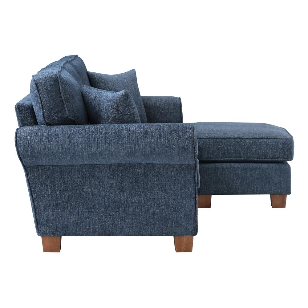 Rylee Rolled Arm Sectional in Navy Fabric with Pillows and Coffee Legs