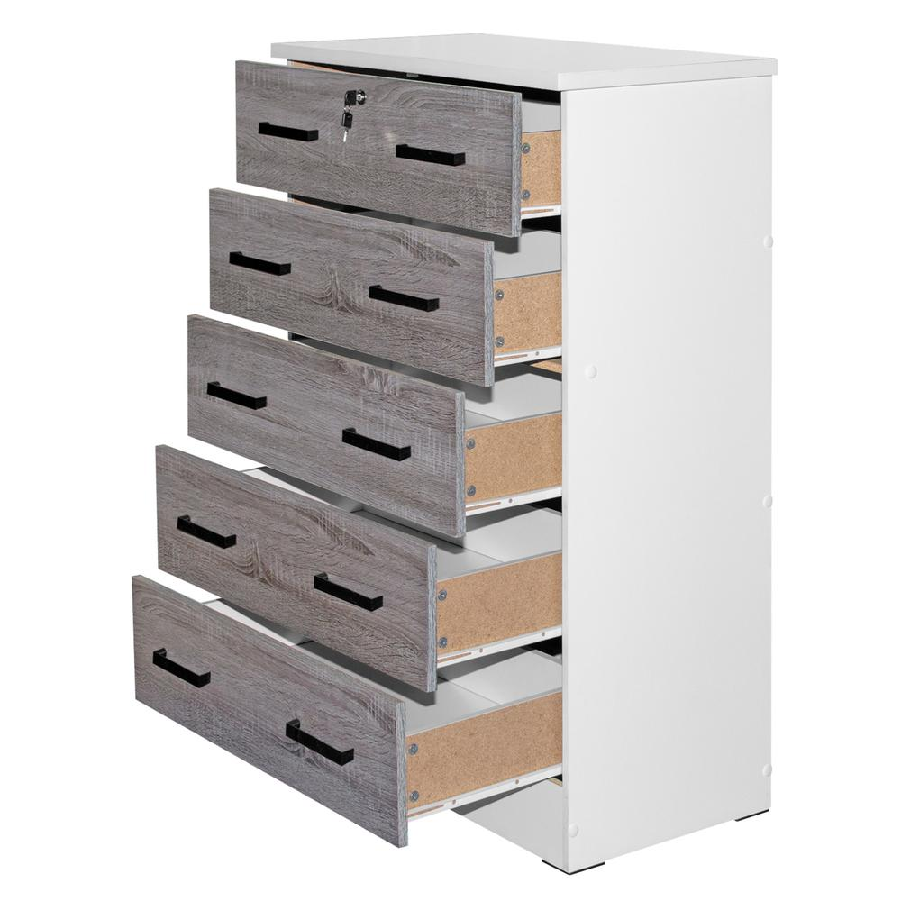 Cindy 5 Drawer Chest Wooden Dresser with Lock in White/Gray