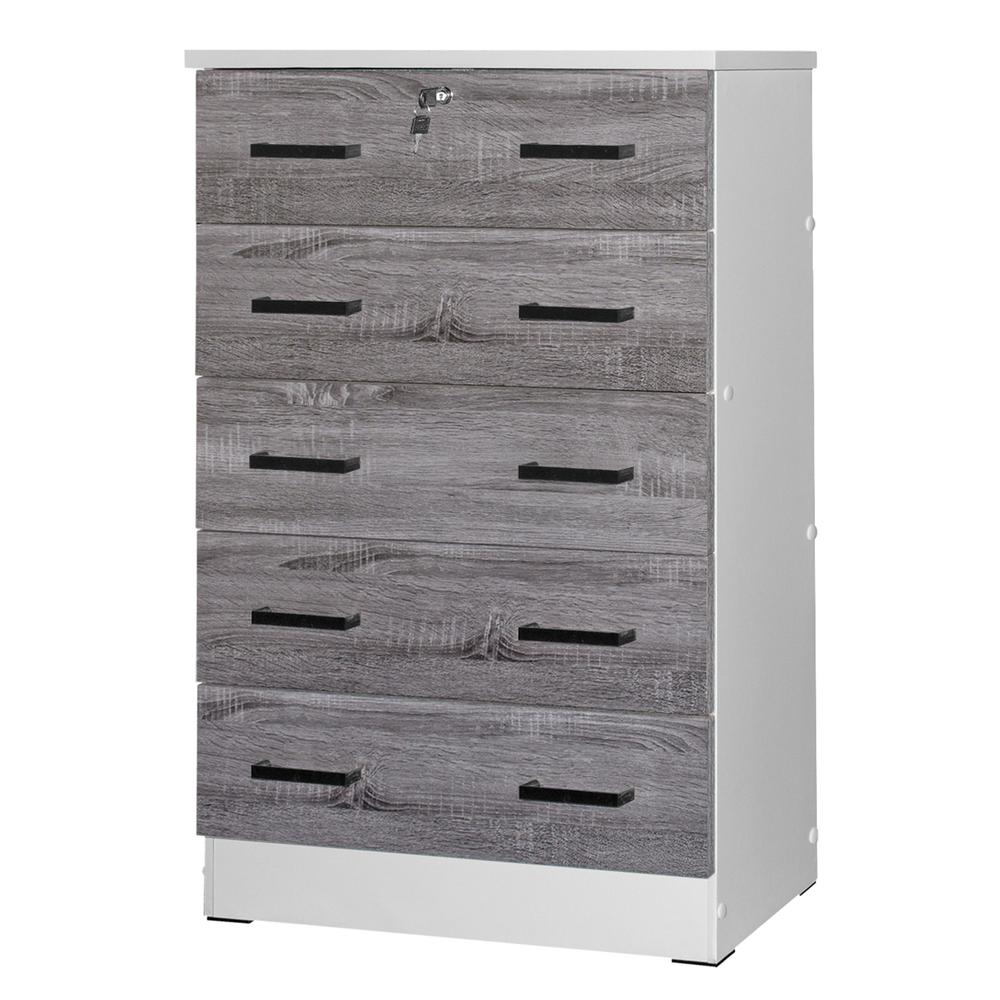 Cindy 5 Drawer Chest Wooden Dresser with Lock in White/Gray