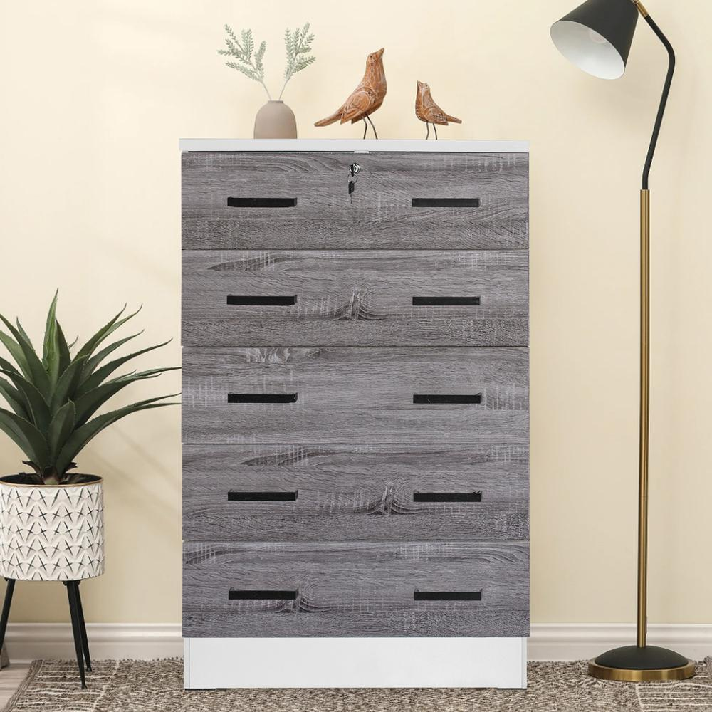 Cindy 5 Drawer Chest Wooden Dresser with Lock in White/Gray